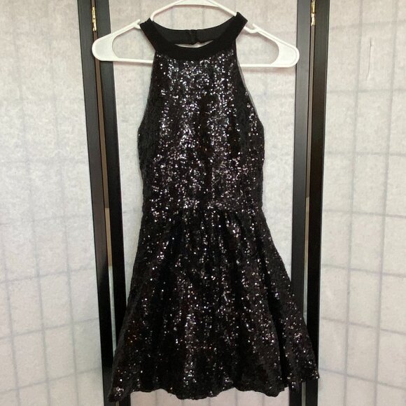B Darlin Sequin High Neck Halter Open Back Ruffle Hem Mini Dress Black - Picture 1 of 15